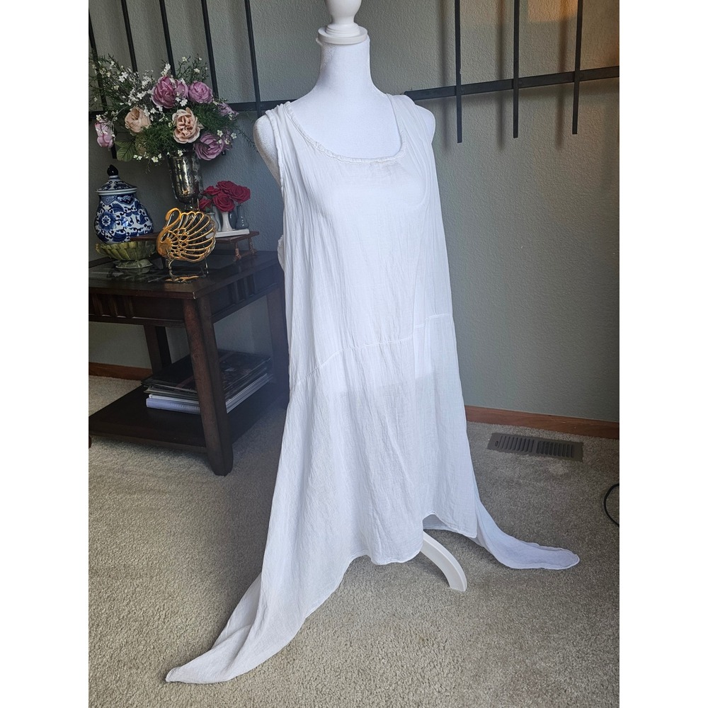 Meo Meli Italy White Cotton Gauze Asymmetric Lagenlook Tunic Dress Cover Up